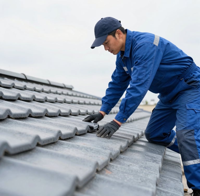 A professional technician wearing safety gear carefully inspecting roof tiles, bright overcast daylight, clean blue and gray tones