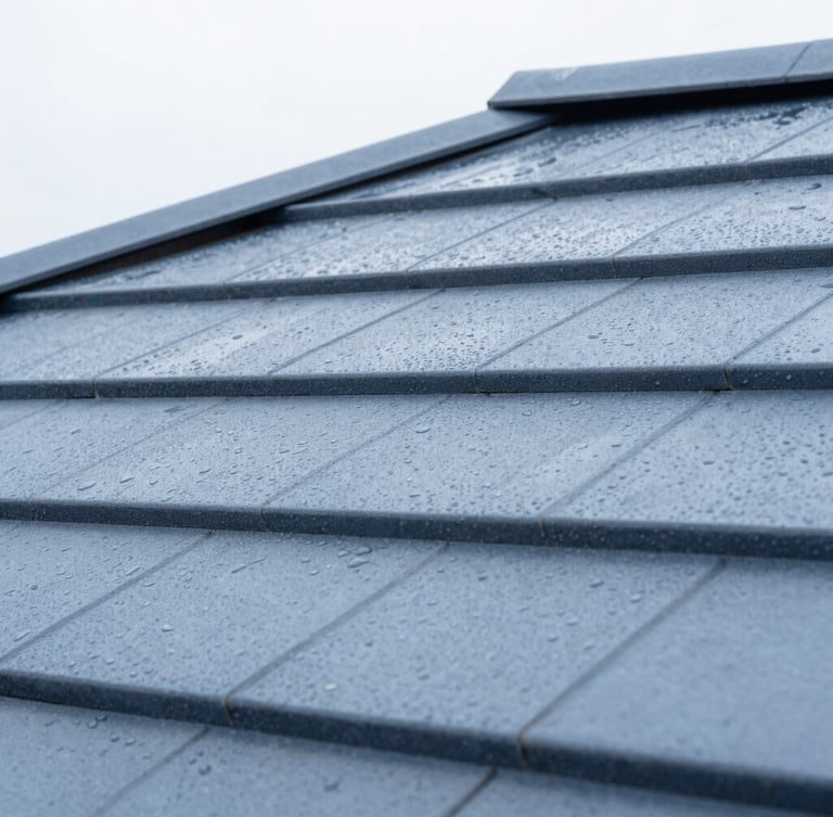 Close-up of clean slate roof tiles with water droplets perfectly beading on the surface, bright overcast daylight, sharp focus, 35mm lens