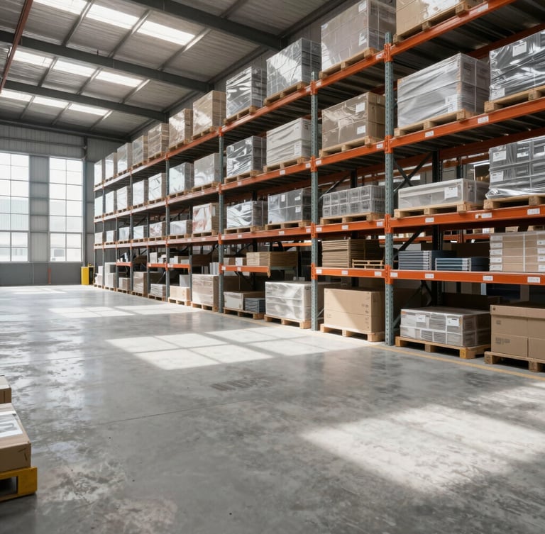 Industrial warehouse interior with organized high shelving, clean concrete floor, natural daylight streaming from high windows, architectural perspective