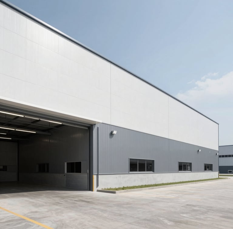 Professional architectural photography of a modern desaturated logistics warehouse exterior, clean daylight, sharp focus, high-end industrial aesthetic.