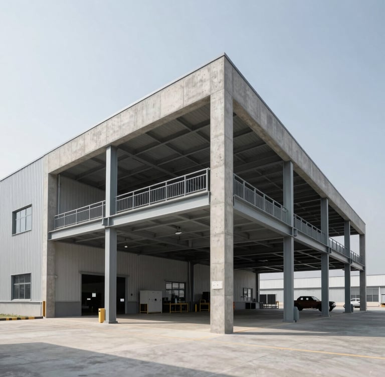 Wide-angle architectural photography of a modern logistics distribution center under clean natural daylight, desaturated corporate tones, sharp focus on structured concrete and steel frames.