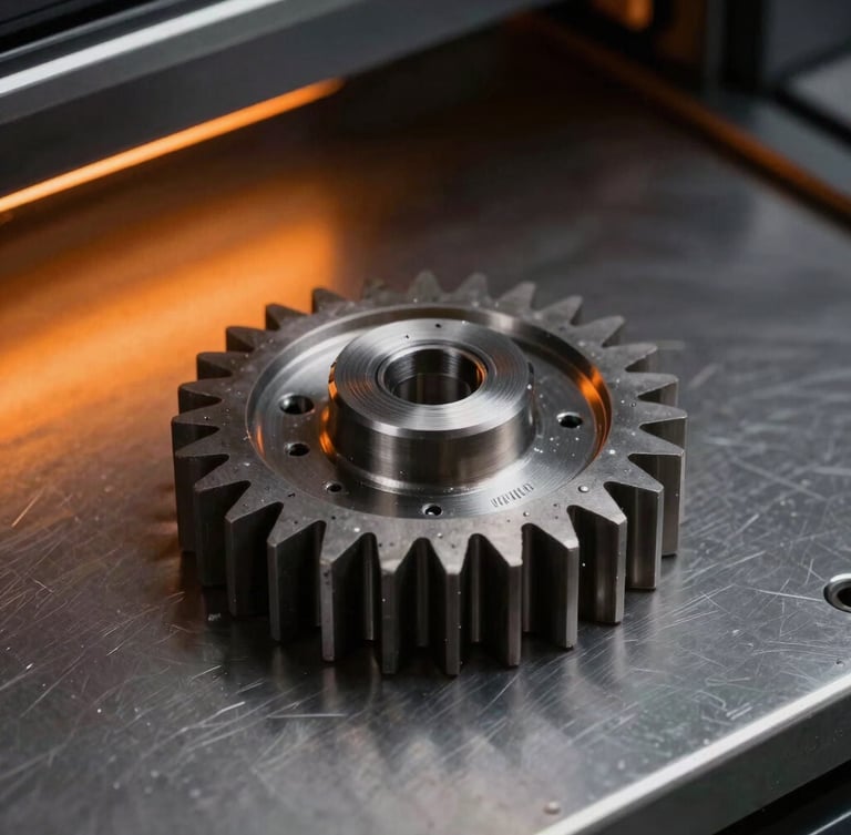 Macro industrial product photography of a high-precision SLS nylon gear on a dark metal surface, dramatic orange highlights from a printer bed, sharp details, 50mm lens