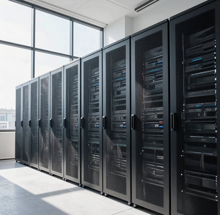 Wide architectural shot of a modern, high-tech server room in Prague, bright natural daylight streaming through large windows, crisp high-contrast cool tones, sharp 35mm lens, modern European aesthetic, no people.