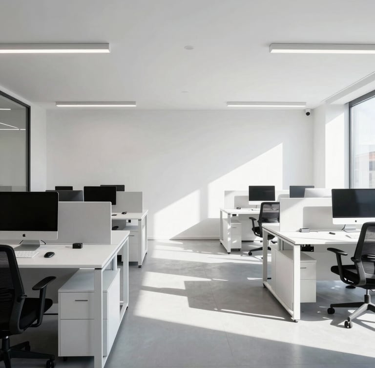 Wide shot of a modern, high-contrast office interior in Prague, clean developer workspaces, bright natural daylight, crisp shadows, cool tones, sharp 35mm lens, modern European aesthetic.