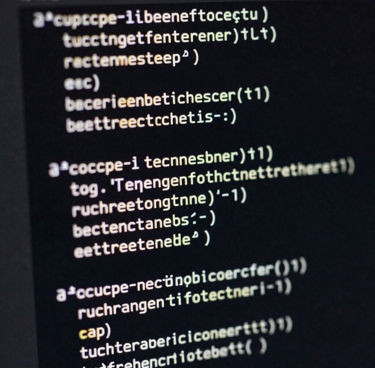 Tight macro shot of code blocks running on a terminal screen, high-contrast low-key lighting, sharp shadows, monospace typography visible