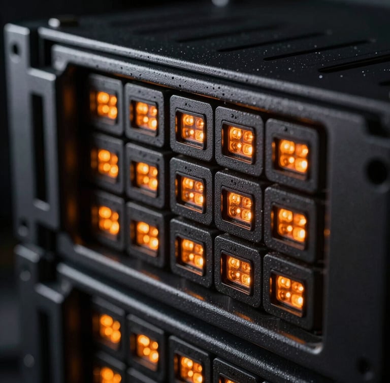 Macro close-up of high-end server rack hardware with blinking orange status indicator LEDs, high-contrast dark environment, sharp industrial shadows.