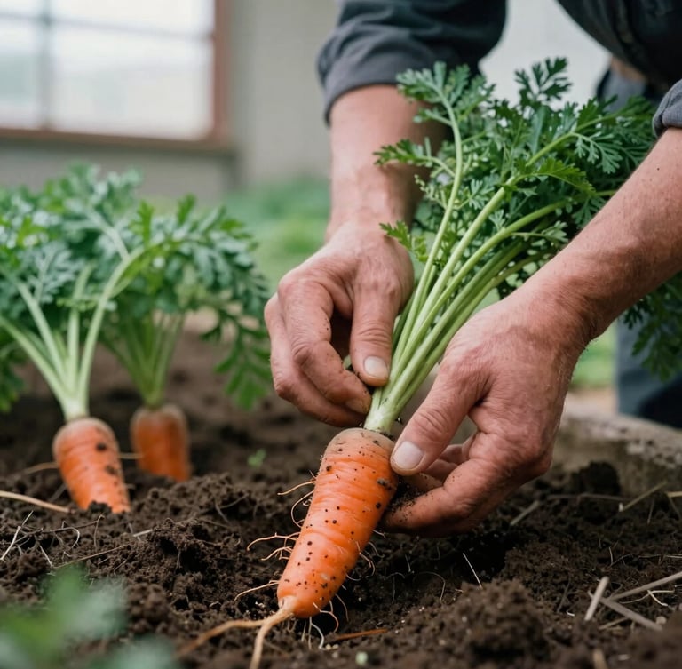 Farmer's hands gently harvesting organic carrots from rich, dark soil, soft natural overcast daylight, editorial framing, rich crimson and forest green tones, 35mm, portrait aspect, shallow depth of field.