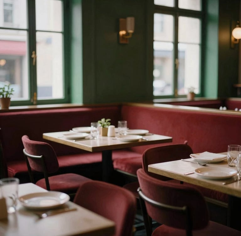 Warm editorial photograph of a cozy, dimly lit Scandinavian-style bistro interior, empty tables set for dinner, soft natural window light, rich crimson and forest green tones, shallow depth of field, 35mm.