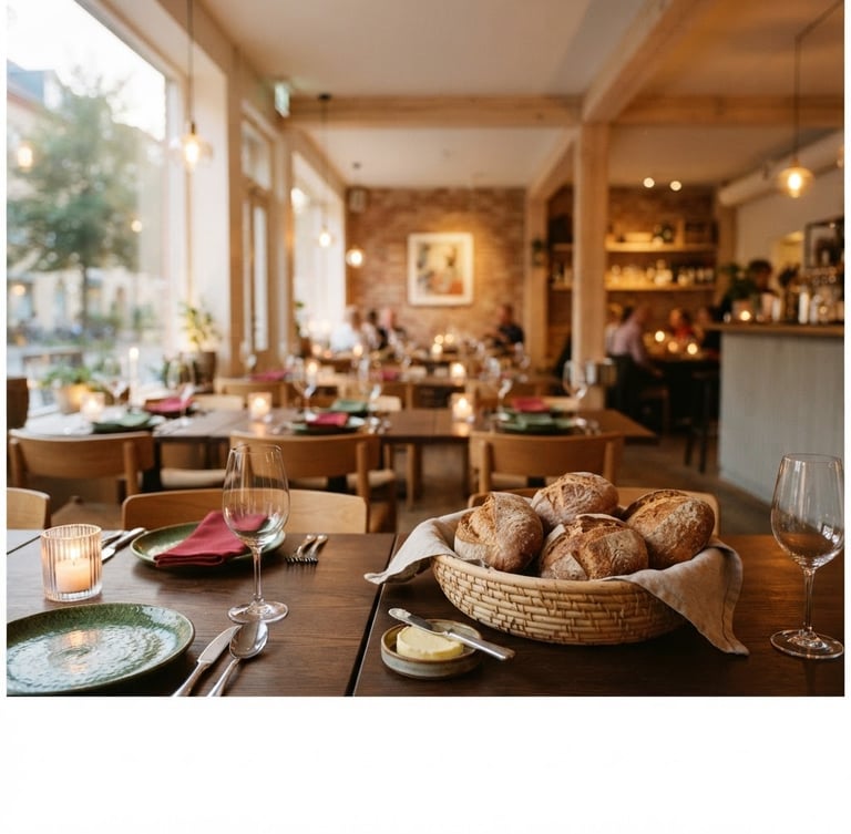Wide panoramic shot of a cozy Scandinavian-style restaurant interior at golden hour, warm window light, empty tables set for dinner, soft focus on the background, an artisanal bread basket in the foreground.