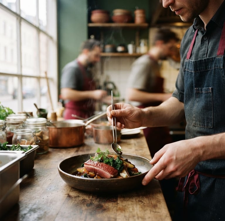 Warm editorial photograph of a chef's hands preparing a dish in a bustling, cozy Scandinavian-style restaurant kitchen, natural window light, rich crimson and forest green tones, shallow depth of field, 35mm, steam rising subtly, tactile textures of fresh ingredients.