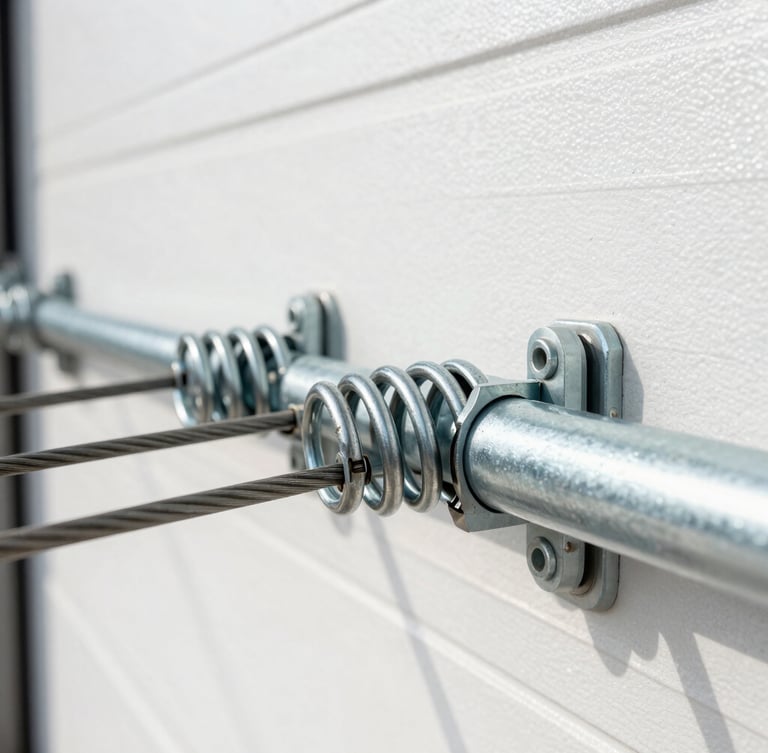 Close-up macro shot of heavy-duty steel torsion springs and cables on a garage door shaft, bright crisp lighting