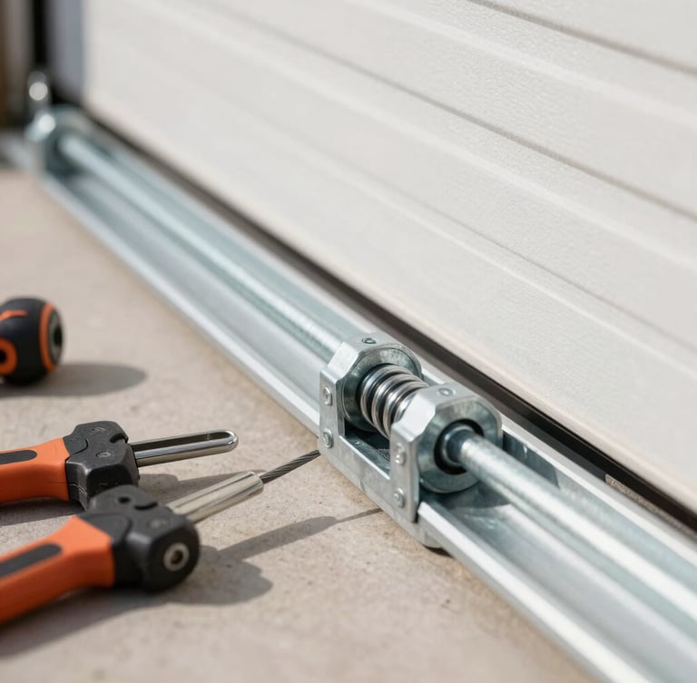 Close-up macro shot of heavy-duty galvanized steel torsion springs and cables on a garage door track, professional tools nearby, sharp focus, morning light