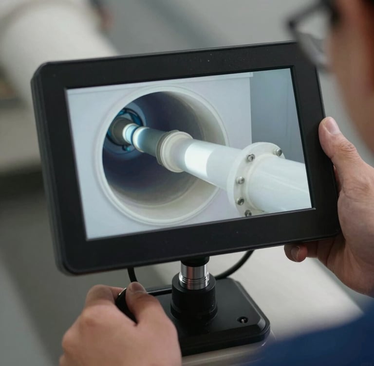 Close-up of a high-tech video inspection screen showing the clean interior of a PVC sewer pipe, sharp LED lighting, professional technician hands adjusting controls on the side
