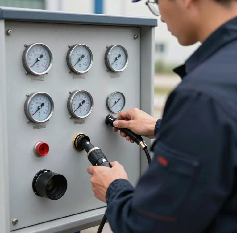 Close-up of a professional technician in a dark navy uniform operating a high-tech hydro-jetting control panel with digital pressure gauges, bright daylight, clear focus on technical details.