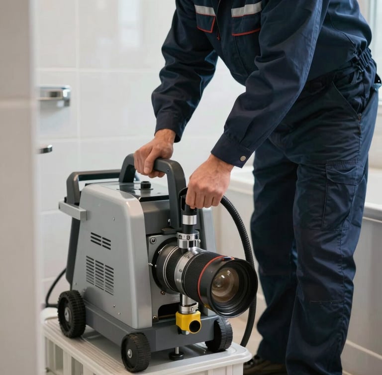 Close-up of a professional technician in a clean dark blue uniform operating a modern mechanical drain cleaning machine inside a bright residential bathroom, focused lighting.