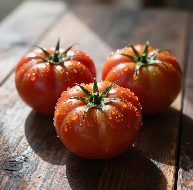 A portrait crop of raw, unpolished heirloom tomatoes with morning dew clinging to their skin, resting on a dark rustic wooden table. Soft morning sunlight streams from the side, casting realistic shadows. Shallow depth of field, 50mm, crisp editorial food photography.