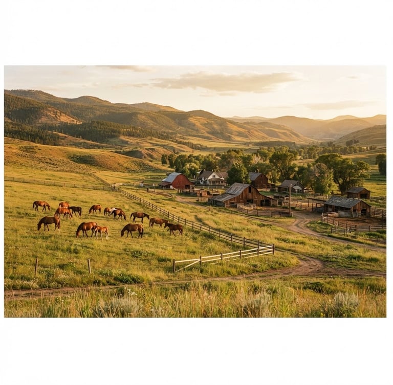 Wide panoramic view of a sunlit ranch, horses grazing in a pasture on the left, rolling hills in the background, warm golden-hour light, organic earth tones, authentic, 35mm.
