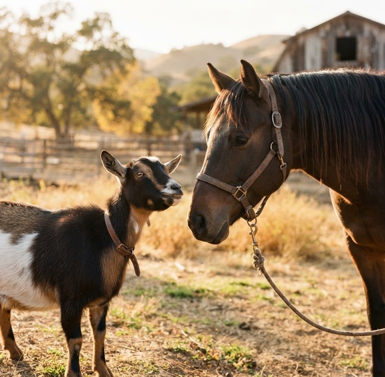 Wide portrait of a happy goat and a gentle horse at the Santa Clarita ranch, natural golden-hour light, shallow depth of field, authentic, 35mm, horse to the right, goat to the left
