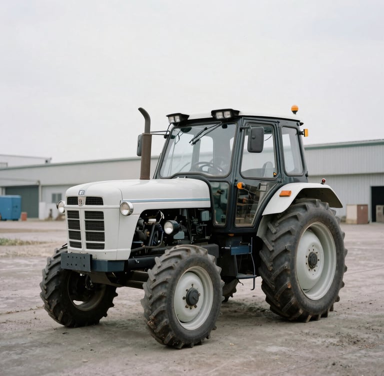 Straight-on profile of a vintage restored diesel tractor, natural overcast daylight, desaturated industrial background, documentary architectural photography, 35mm