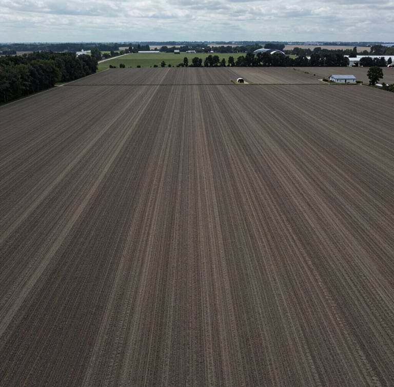 High-altitude aerial drone photograph of a working farm with clear boundary lines, natural overcast daylight, realistic desaturated tones, high detail.