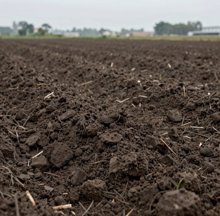 A close-up of dark, rich agricultural soil being tested in an open field, overcast morning light, documentary architectural photography.