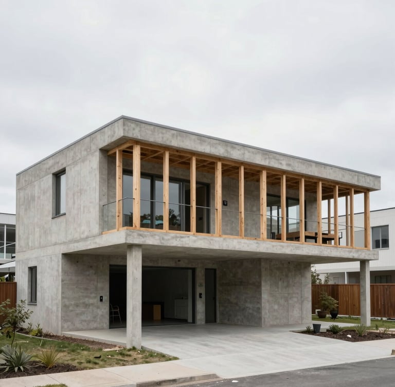 Wide-angle architectural photograph of a modern concrete and timber residential structure under natural overcast daylight, showing clear drive access and raw structural framing.