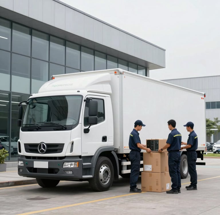 A clean, modern logistics truck parked outside a corporate glass building, professional team in uniform loading organized boxes of IT equipment, bright overcast daylight