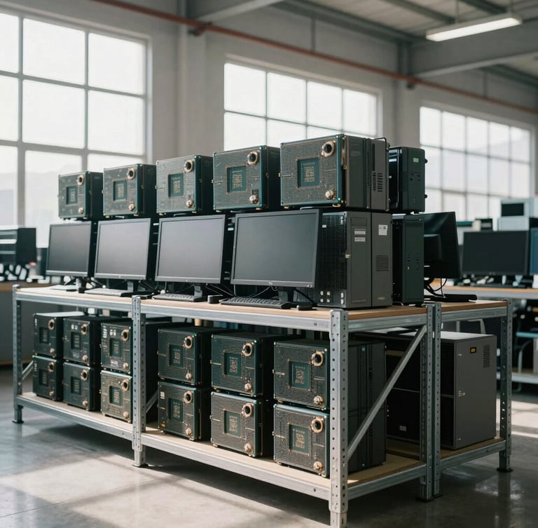 Wide shot of stacked corporate computer CPUs and monitors organized on heavy metal shelving in an industrial warehouse, bright natural daylight, desaturated cool tones, 35mm lens.