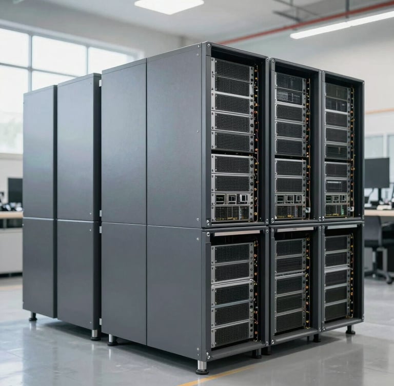 Stacked corporate CPUs and servers in a clean warehouse, bright natural daylight, industrial editorial style, 35mm lens