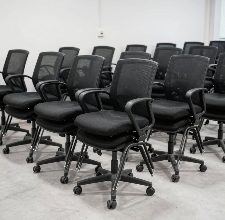 Wide environmental shot of organized rows of black office chairs stacked in a clean, brightly lit corporate floor post-removal, industrial editorial photography, 35mm lens