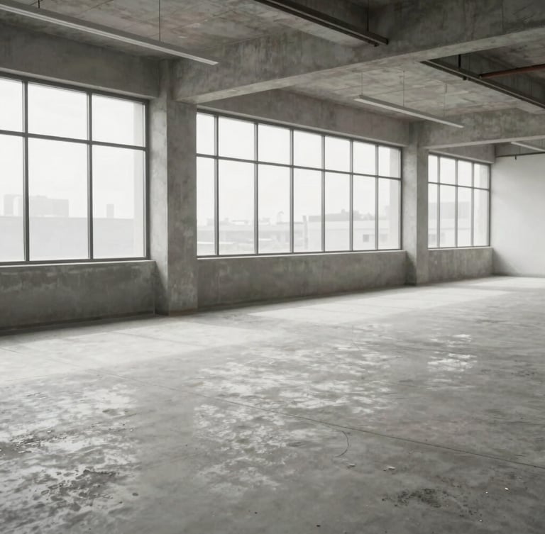 Medium shot of an empty commercial office floor post-removal, clean concrete floors, large windows with bright natural daylight, desaturated cool tones, 35mm lens.