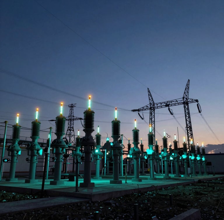 Wide-angle cinematic industrial photograph of a massive high-voltage substation at twilight, glowing indicator lights, deep obsidian and electric cyan tones, sharp technical detail, bleed to the right