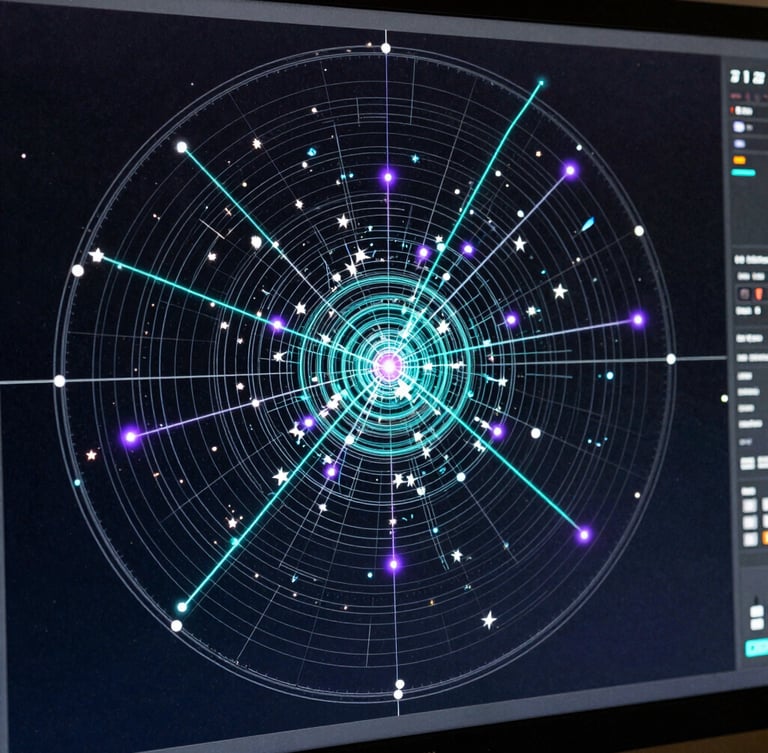 Direct screen capture of high-resolution tactical UI, wireframe orbital schematics overlaying a vector star map, electric cyan telemetry lines, neon violet target locks.