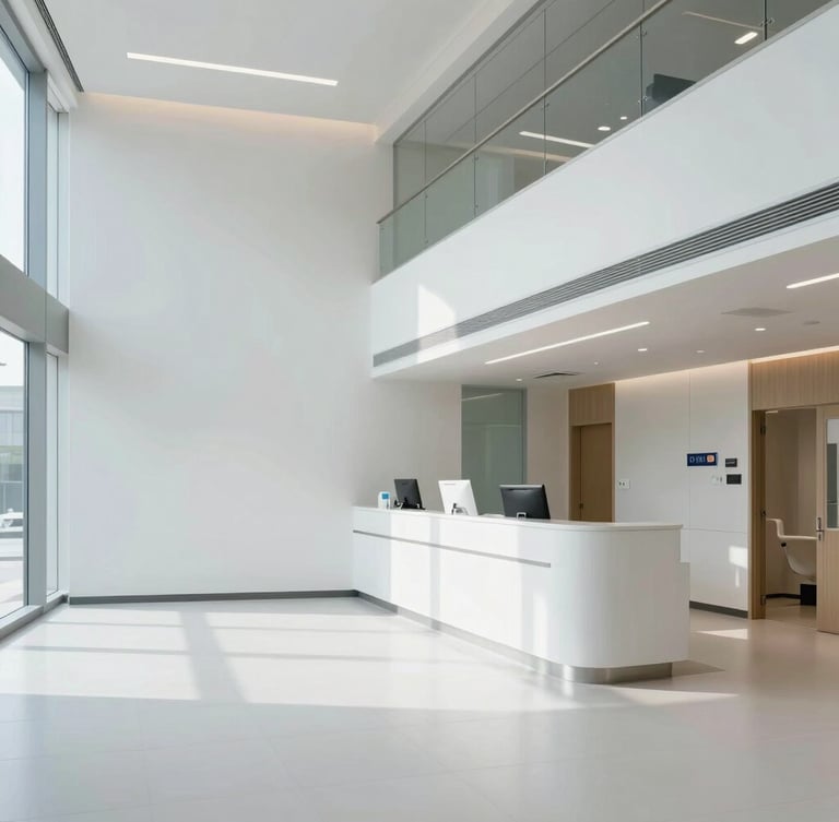 Wide architectural shot of a modern, clean medical clinic interior, sharp lines, natural cool light, negative space on the left