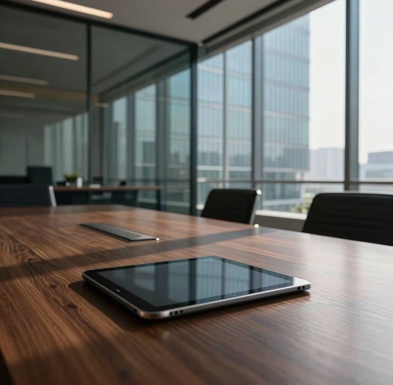 Wide-angle architectural photograph of a modern glass-walled corporate boardroom in Mumbai, cool morning light, sharp geometric shadows, high-end tablet on a dark oak table.