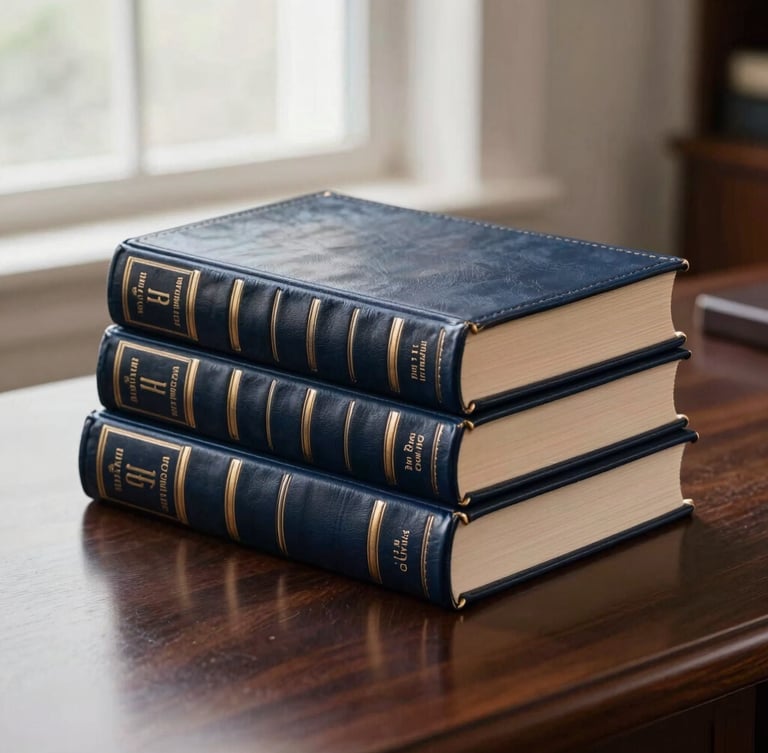 Editorial photography of leather-bound legal books stacked on a dark mahogany desk, soft natural window light, deep navy shadows, bronze highlights, 50mm lens
