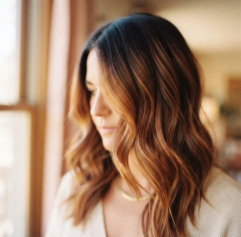 Close-up of rich, lived-in hair color transition, soft warm window light, shallow depth of field, 35mm editorial photography.