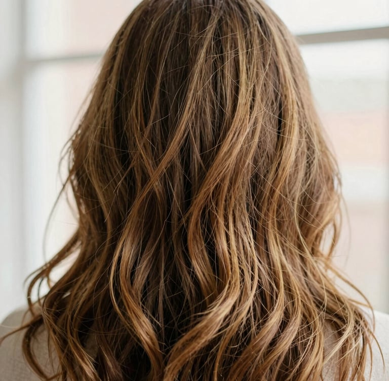 Close-up editorial photograph of warm gold highlights on soft wavy brown hair, shallow depth of field, diffused natural window light, 35mm
