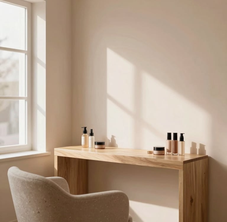 Bright, minimalist beauty studio interior with natural wood and stone accents, soft warm window light, editorial feel.