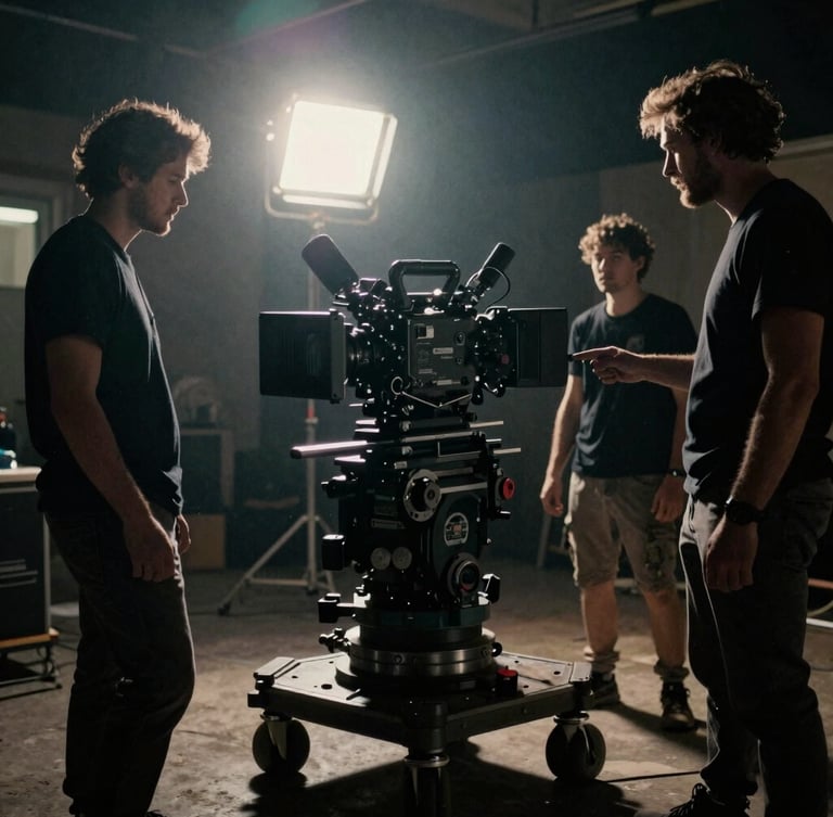 Moody cinematic behind-the-scenes film set, low-key dramatic lighting, anamorphic lens flare, camera crew operating a fully rigged cinema camera on a dolly, dark tones, 35mm film grain.