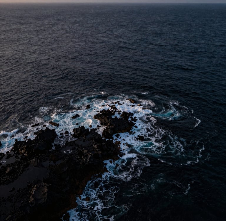 Wide panoramic aerial shot of a rugged coastline at blue hour, deep dark ocean waves crashing against black volcanic rocks, captured from a high-altitude drone pass, moody cinematic lighting.
