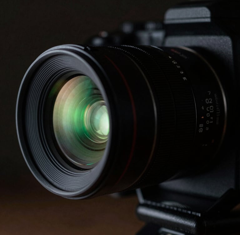 Close-up macro shot of a fully rigged anamorphic lens, camera tally light glowing neon green, low-key dramatic lighting, high contrast dark tones.