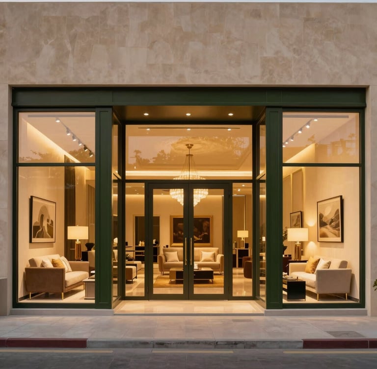 Wide architectural shot of a luxury furniture showroom in Riyadh, grand entrance, warm interior lighting, elegant furniture setups visible through large glass windows, dusk light