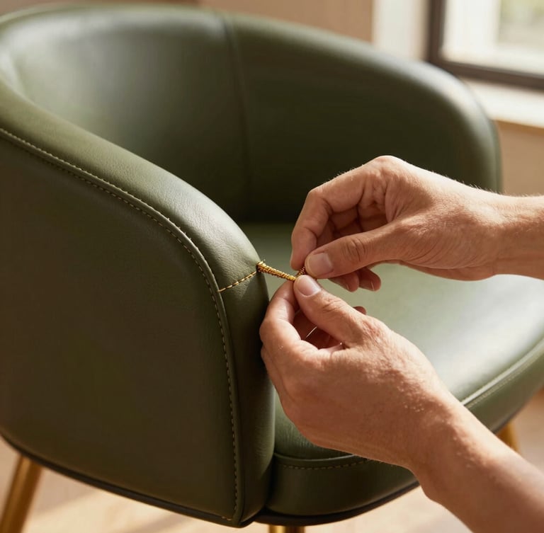 Close-up detail shot of a master craftsman hand-stitching premium leather upholstery on a bespoke chair, warm natural light, focus on rich textures and golden threads, elegant workshop setting