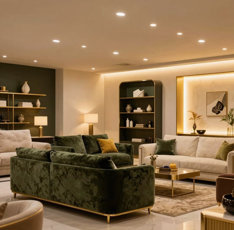 Elegant interior of Konooz Al-Athath showroom in Riyadh, high ceilings, warm spotlights highlighting luxurious modern and classic furniture arrangements