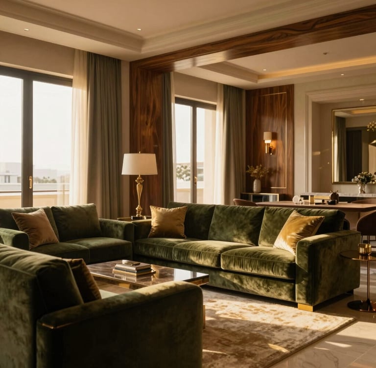 Warm editorial interior photography of a luxurious Riyadh villa living room, soft golden-hour sunlight streaming through large windows, highlighting deep olive velvet upholstery and polished wood textures, 35mm lens