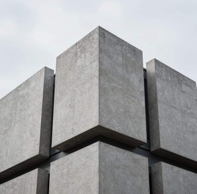 High-contrast architectural detail of a modern tech incubator in Lisbon, sharp concrete angles, overcast daylight, minimalist composition, 35mm lens