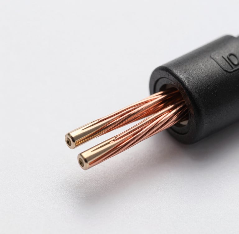 Premium product photography showing macro cross-section of a multi-core copper charging cable with internal shielding, clean white studio backdrop, soft diffused overhead lighting, sharp focus, 85mm lens