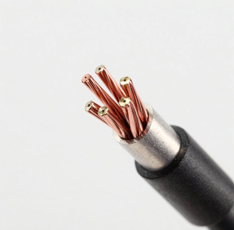 Extreme macro cross-section of a multi-core charging cable, showing pure copper strands, shielding layers, and reinforced core, clean studio lighting