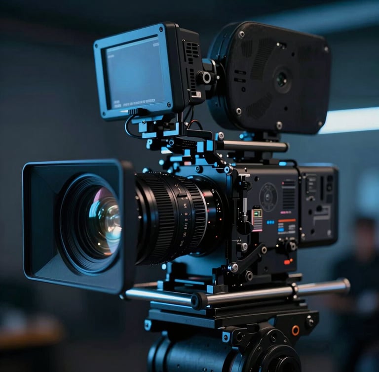 Close-up of a high-end cinema camera rig on set, lens glowing under moody, cool-toned neon accent lights, shallow depth of field, 35mm